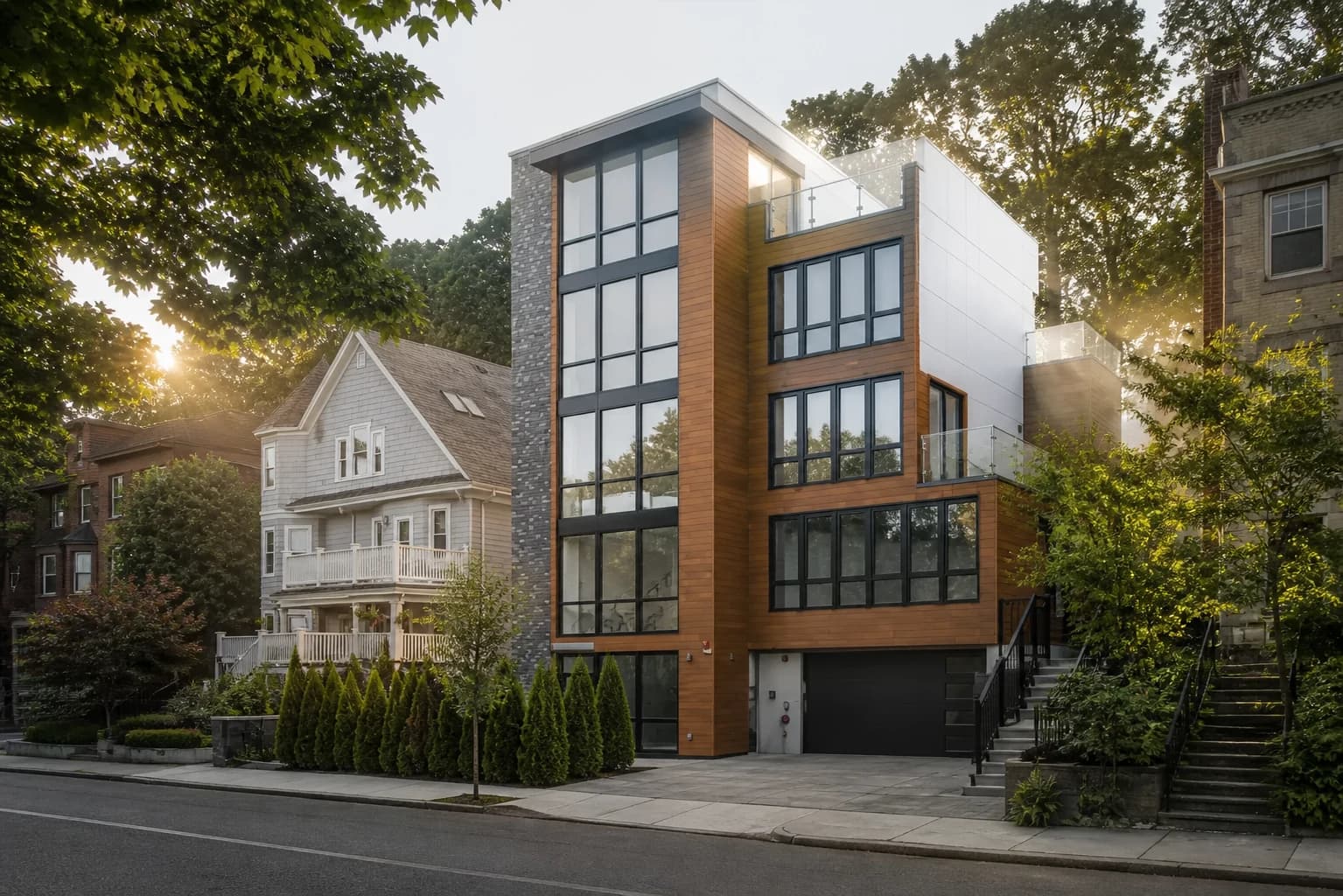 Editorial visualization of a contemporary urban residence in early morning light
