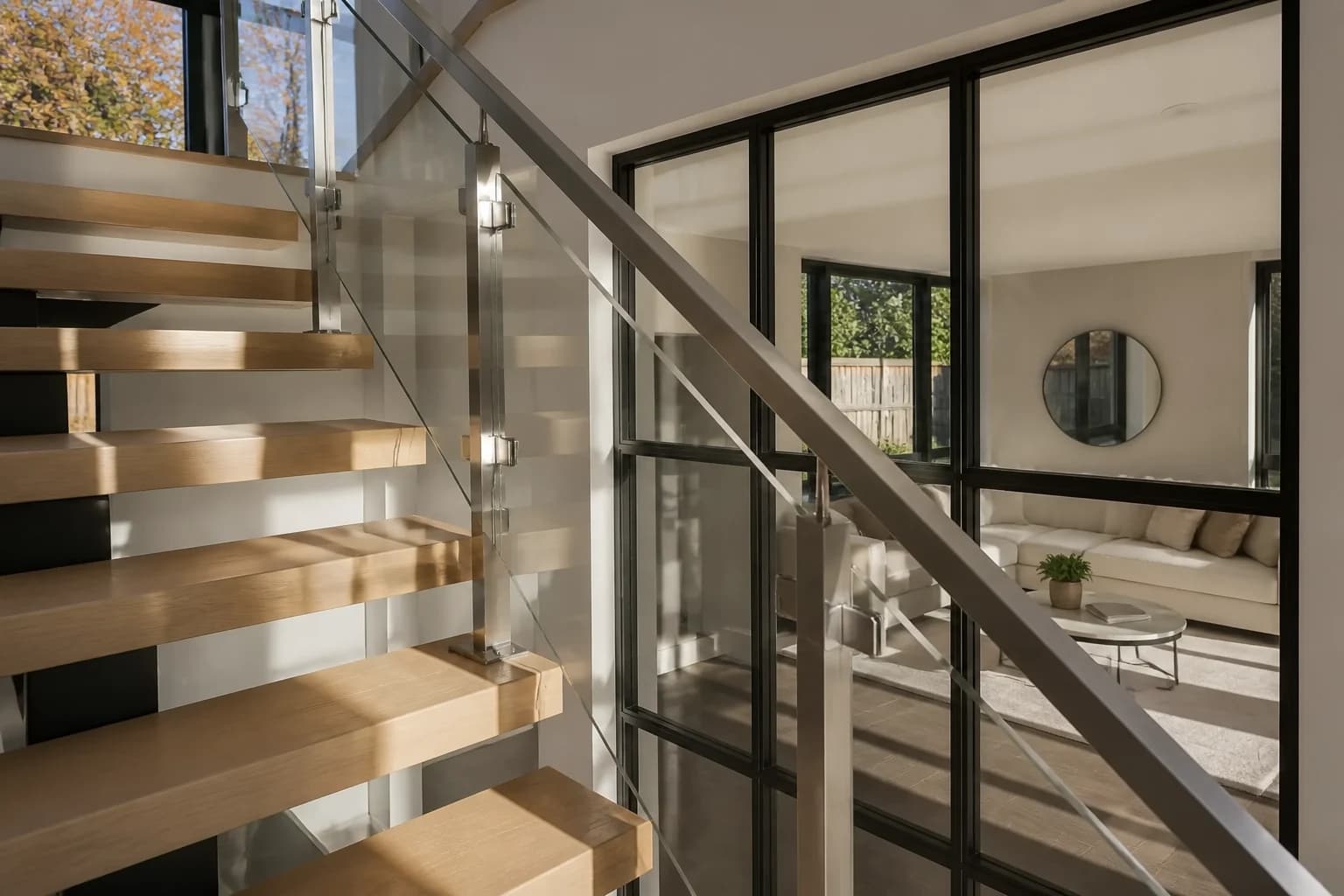 Editorial visualization of a floating stair and material junction