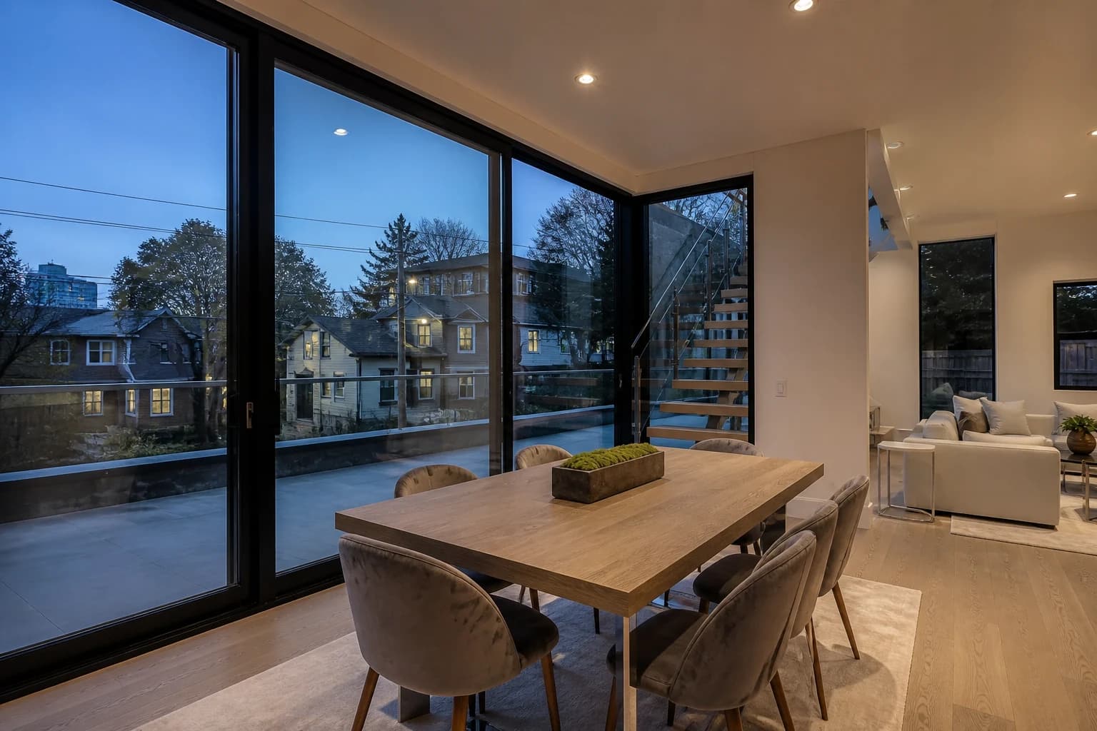 Editorial visualization of a contemporary dining interior at twilight