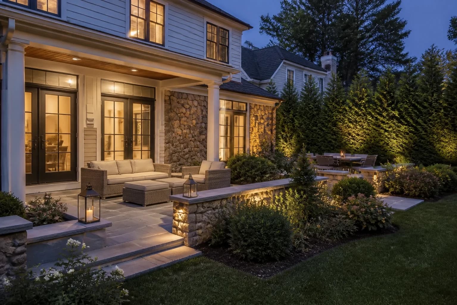 Editorial visualization of a New England terrace at dusk
