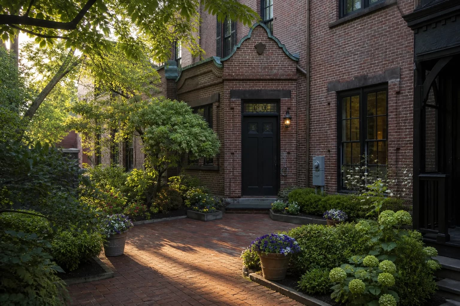 Editorial visualization of a brick courtyard in filtered light