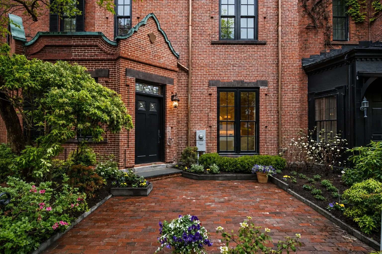 Brick courtyard enclosed by mature planting