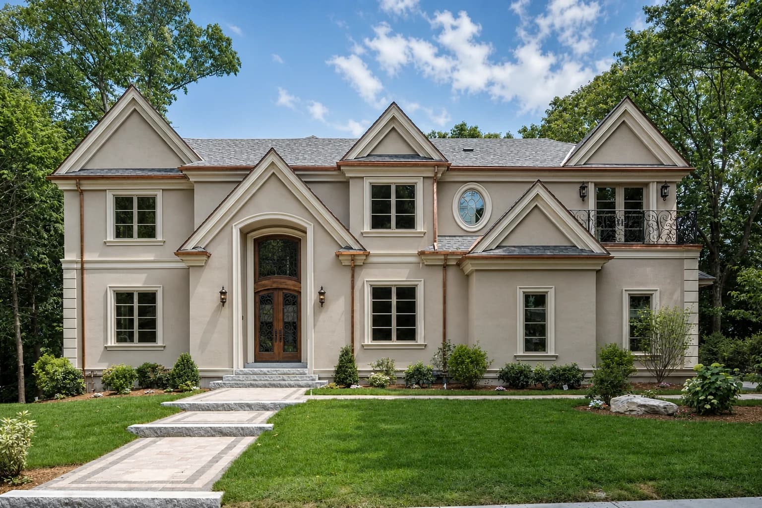 Traditional garden residence behind a formal lawn